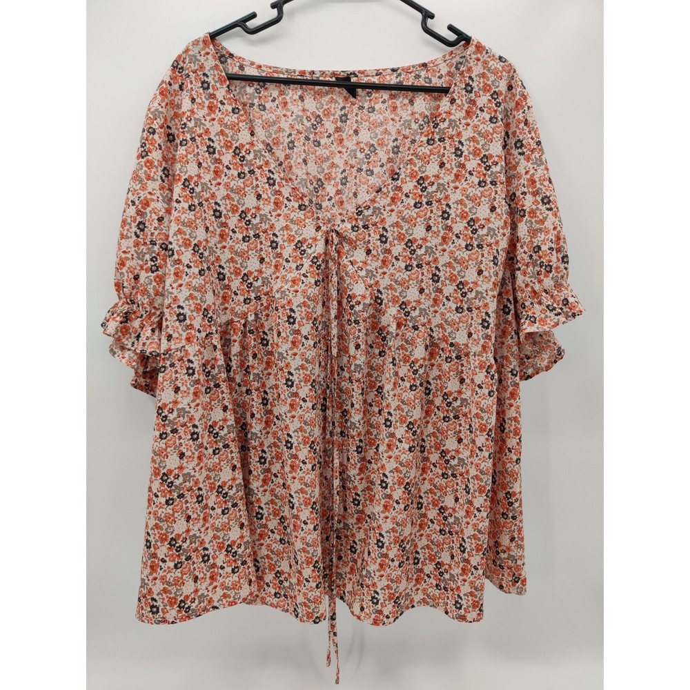 SHEIN Curve Womens 4XL Floral Peplum Blouse Orange Ruffle Sleeve V-Neck Tie Top